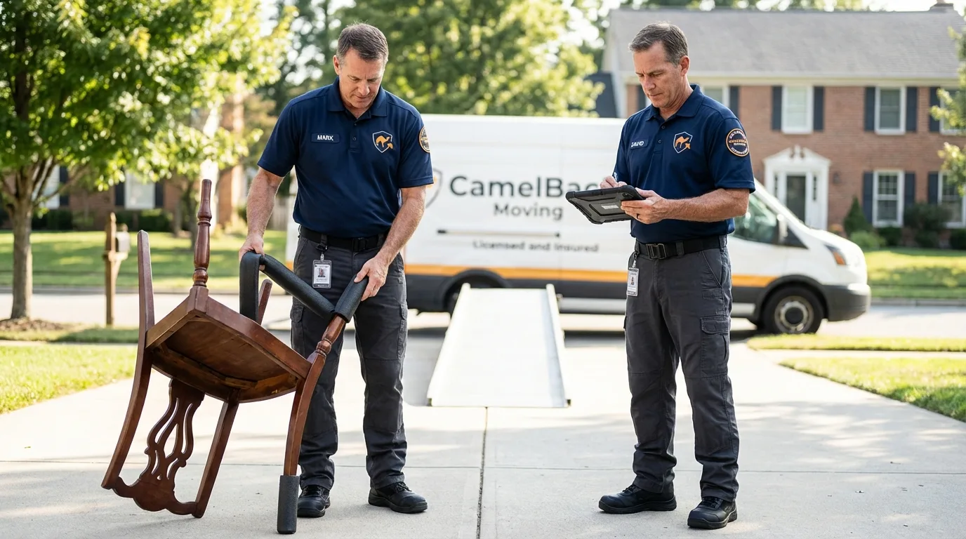 Movers inspecting furniture for damage prevention before loading in Maysville, NC
