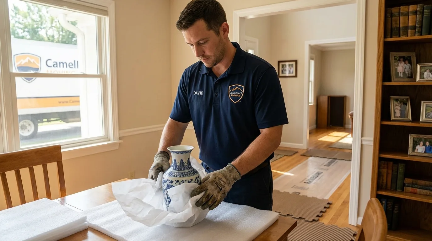 Professional crew carefully wrapping antique vase for senior downsizing move in Maysville, NC